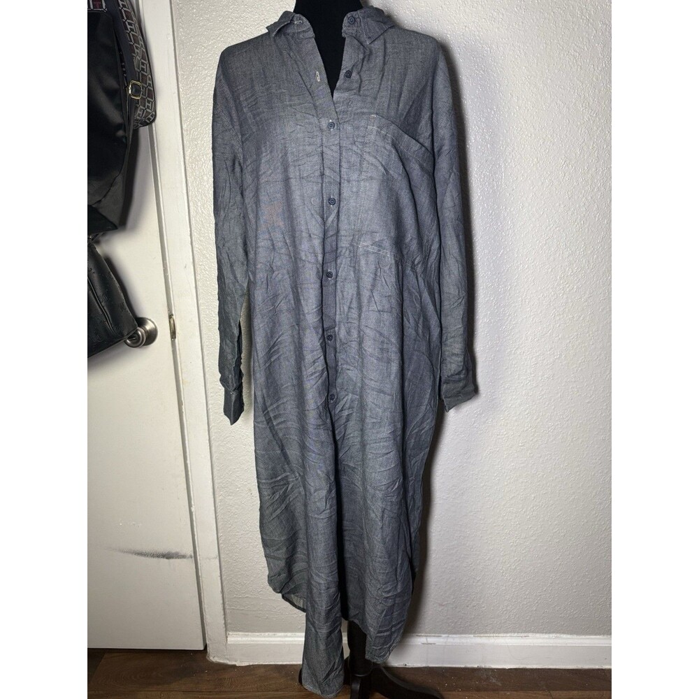 Eileen Fisher womens blue denim organic cotton shirt dress pockets size m